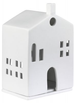 Weißes Zuhause Lichthaus mit runder Tür, kleinem Schornstein und vielen Fensteröffnungen für stimmungsvolle Lichteffekte.